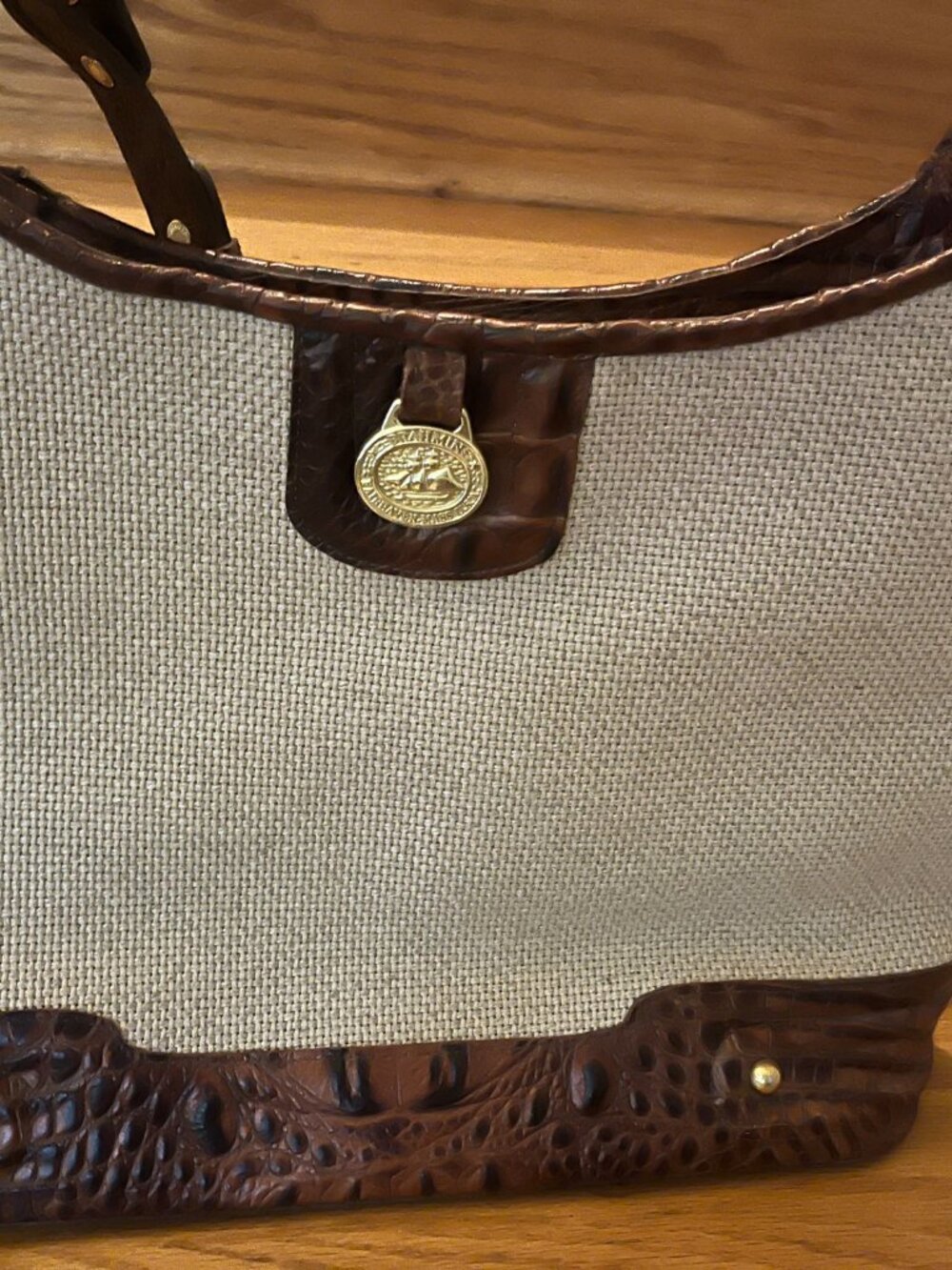Brahim Handbag Tan Raffia and Brown Leather Crocodile print